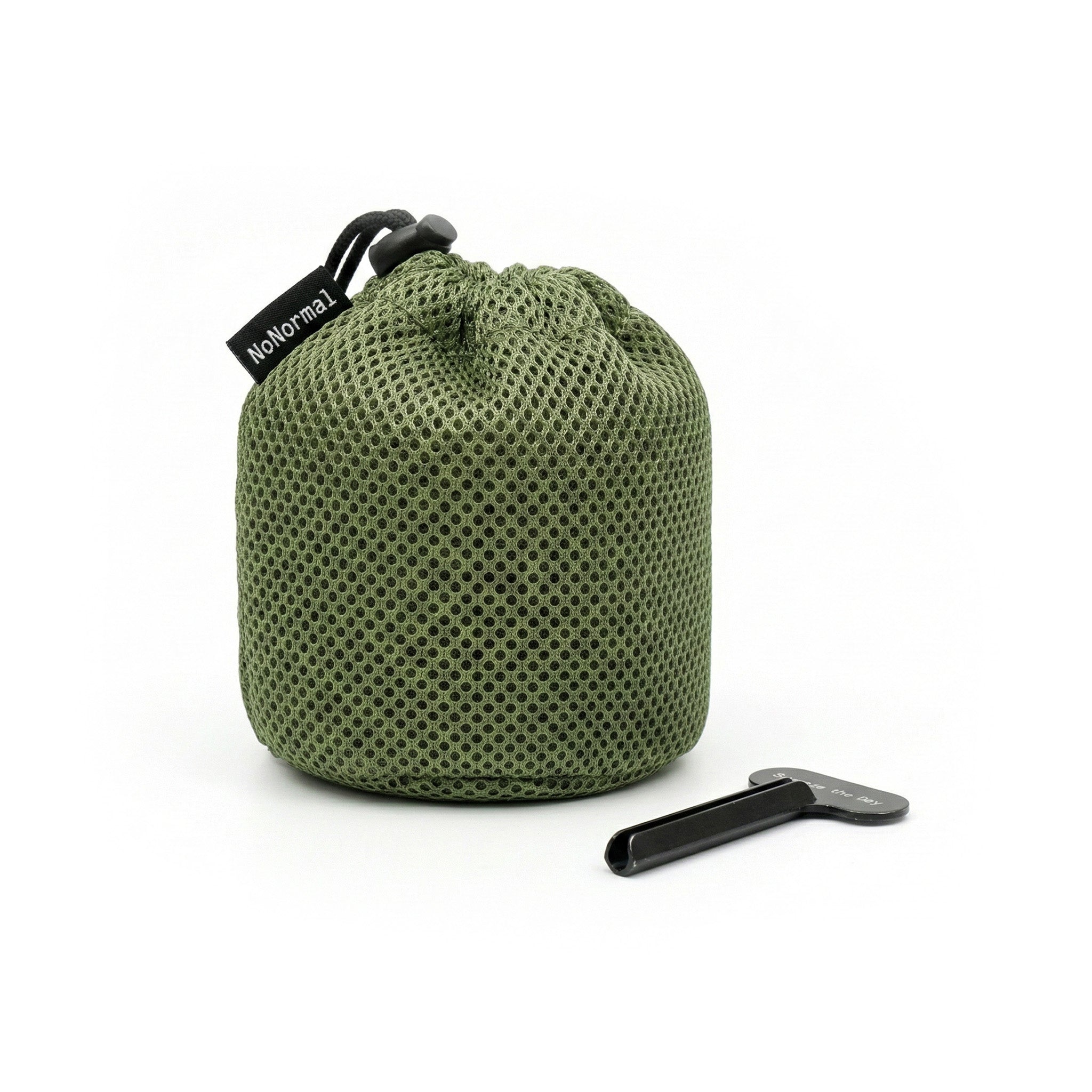 Green mesh drawstring bag with a keychain on a white background