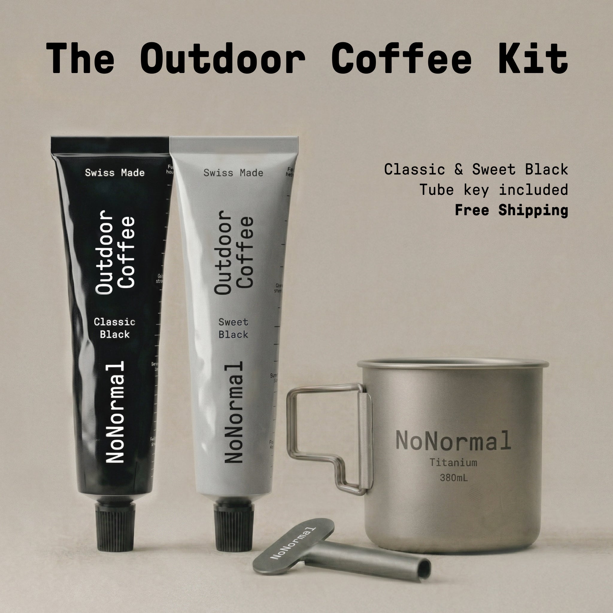 Outdoor Coffee Kit with two coffee tubes and a metal mug on a beige background