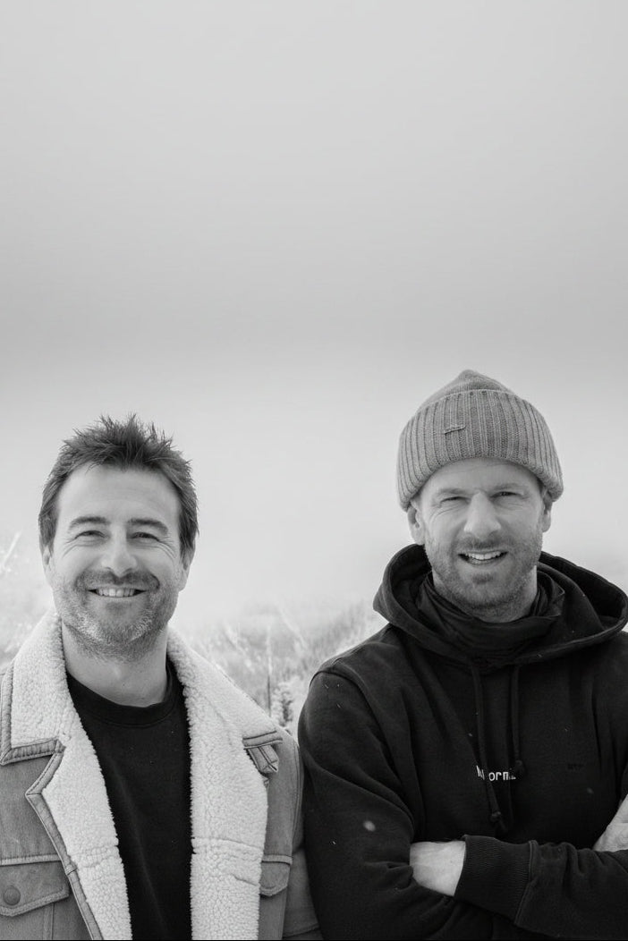 Philippe and Alexander, the founders of NoNormal, outdoors in winter clothing