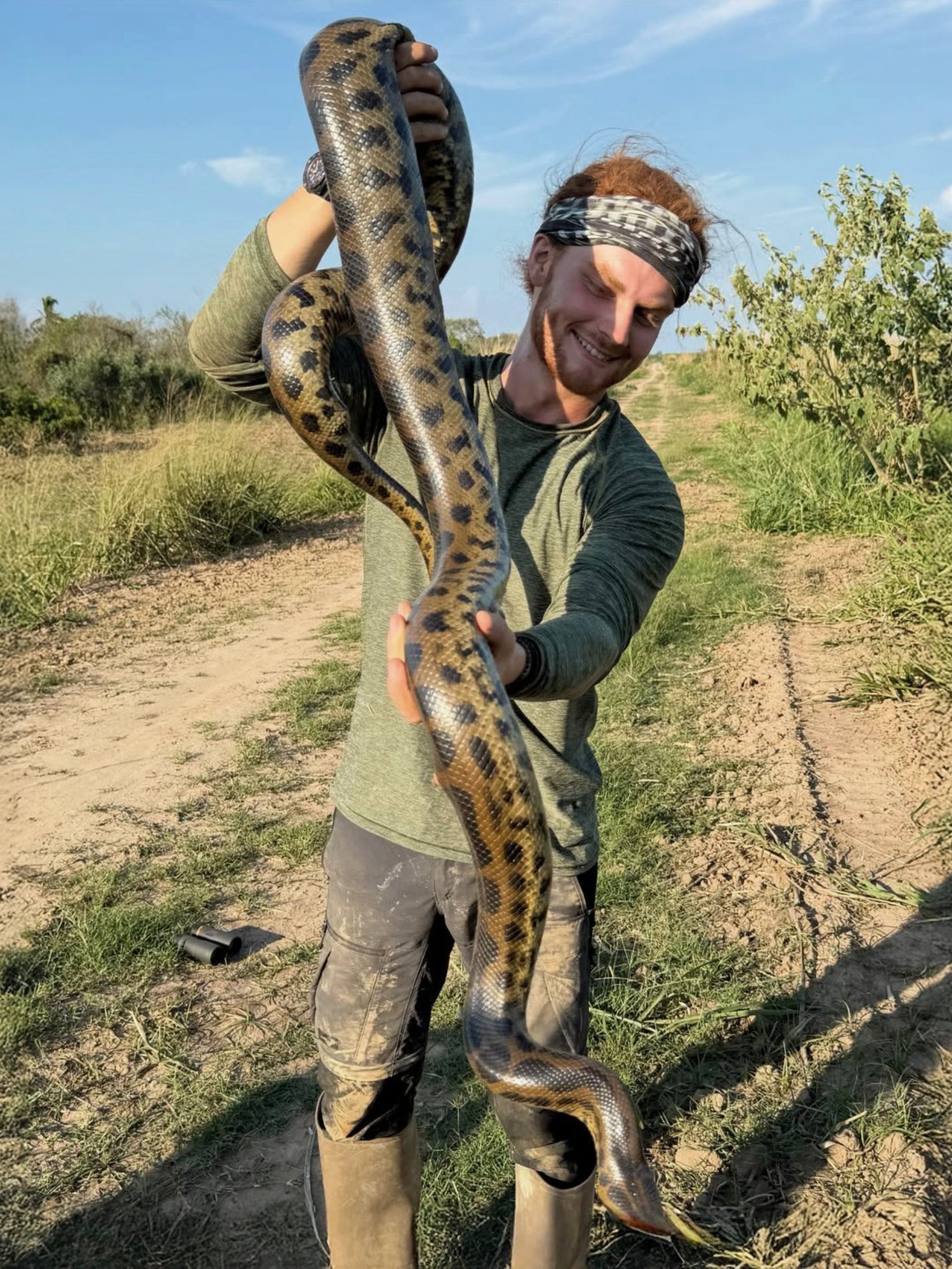 Person holding a large snake outdoors in a natural setting